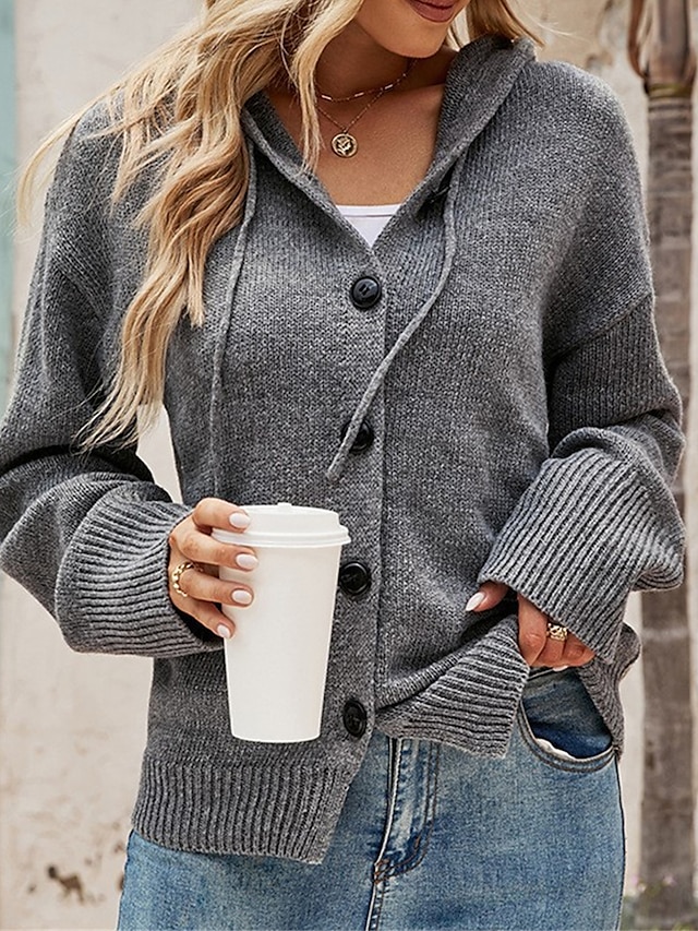  Women's Cardigan Sweater Hooded Ribbed Knit Alpaca Wool Button Fall Winter Regular Outdoor Daily Going out Stylish Casual Soft Long Sleeve Solid Color Black White Gray S M L