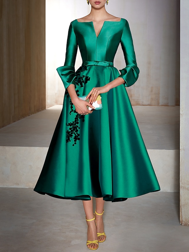  a-line cocktailkjoler elegant kjole rød grønn kjole bryllup gjest te lengde 3/4 lengde erme v-hals sateng med bue(r) applikasjoner 2024