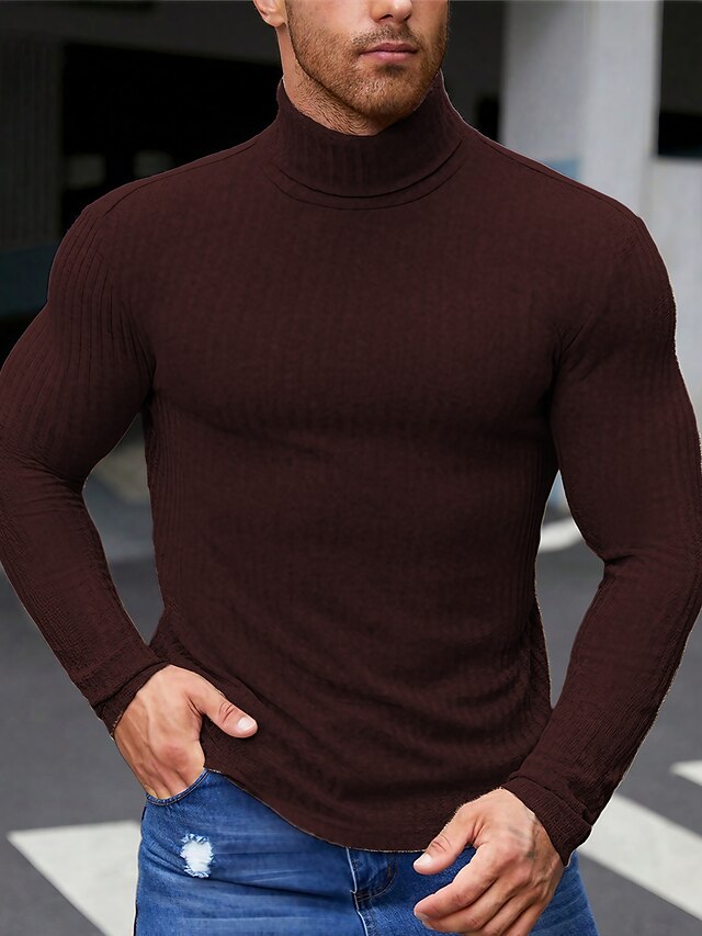 Men's T Shirt Turtleneck shirt Knit Tee Tee Top Long Sleeve Turtleneck Spring &  Fall Plain Pit Strip Fashion Designer Basic Knitting Vacation Street Going out Brown Top Tee for Men4