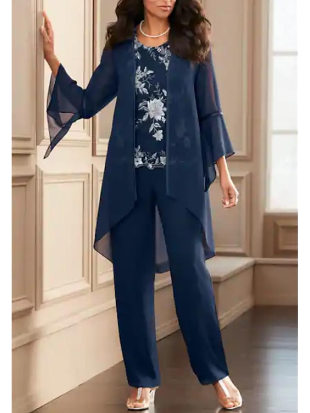  חליפת מכנסיים חליפה בת 3 חלקים שמלה לאם הכלה  רשמי אורחת חתונה אלגנטית סקופ צוואר באורך הקרסול שיפון תחרה שרוול ארוך עם אפליקציות 2024