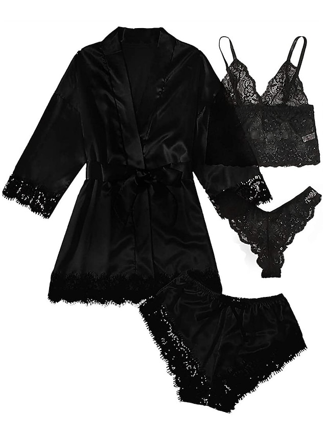  dames pyjama sets 4 stuks pure kleur eenvoudig casual zacht thuis dagelijks bed satijn ademend v draad lange mouwen shorts zomer lente thuis outfits
