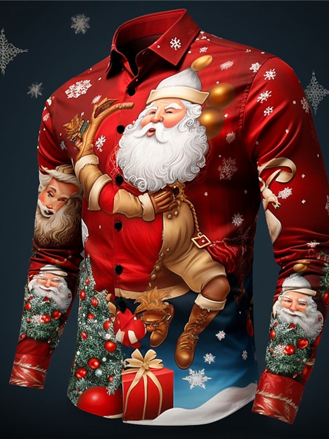  Juleskjorter for menn julenisse med trykte julenissetre fritidsklær til hverdags gå ut høsten & vinter turndown langermet mørk rød, rød, burgunder s, m, l skjorte i 4-veis stretchstoff