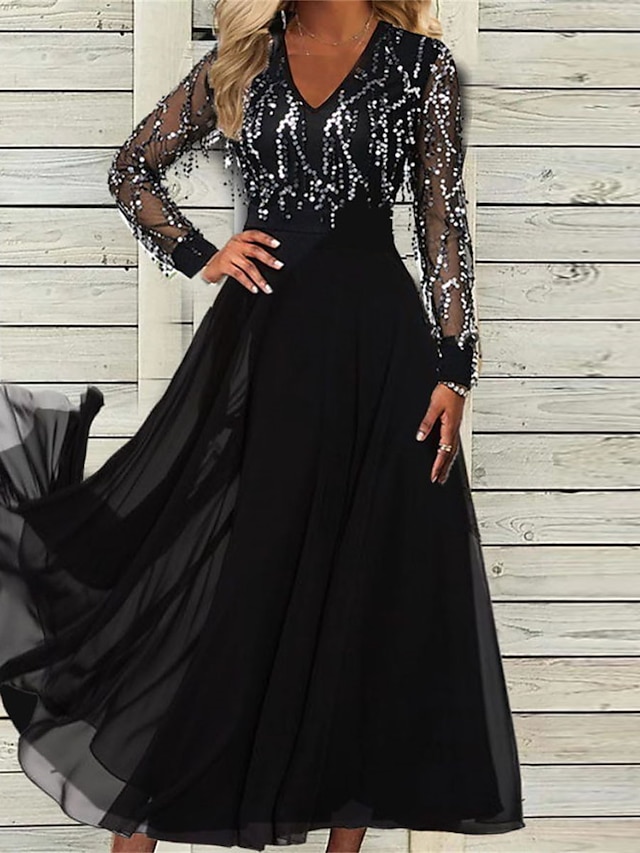  Women's Black Dress Sequin Dress Prom Dress Sequins Mesh V Neck Long Sleeve Birthday Vacation Black Spring Winter