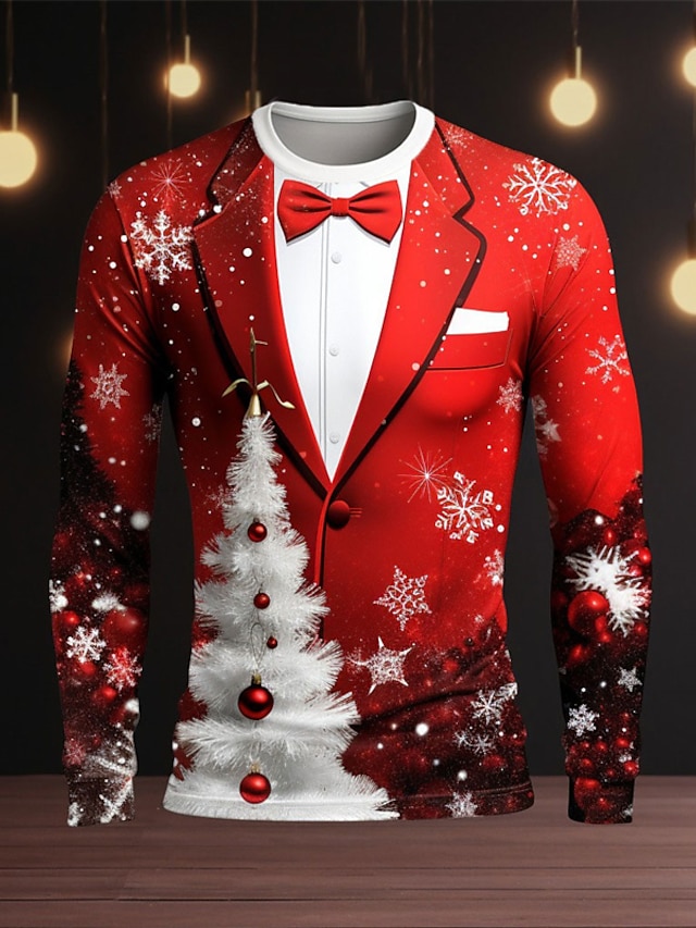  Graphic Weihnachtsmuster Modisch Designer Brautkleider schlicht Herren 3D-Druck T Shirt Sports Outdoor Festtage Ausgehen Weihnachten T-Shirt Rote Burgunderrot Himmelblau Langarm Rundhalsausschnitt