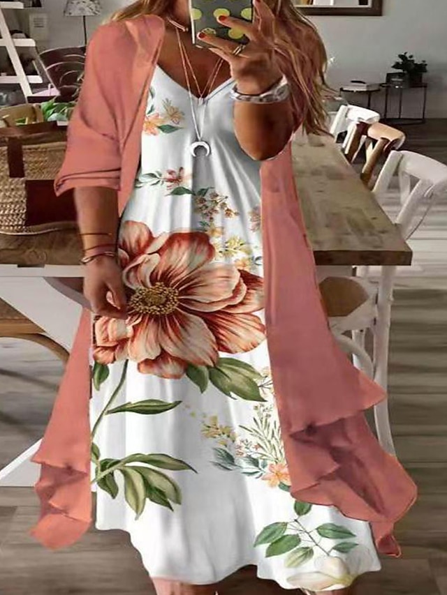  Vestido feminino plus size curvo de duas peças com estampa floral decote em V manga longa outono primavera vestido maxi casual casual vestido diário