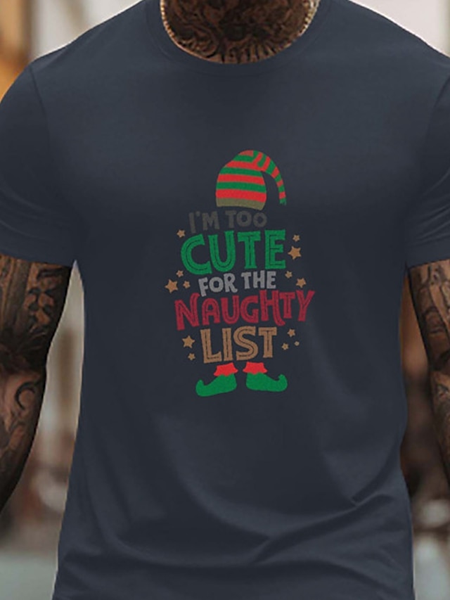  男性用 レタード クリスマス Tシャツ ティートップ コットン 半袖 グラフィック シャツ ホワイト ダークブルー ベージュ 快適なTシャツ スポーツ・アウトドア 祝日 ファッションデザイナーの衣類