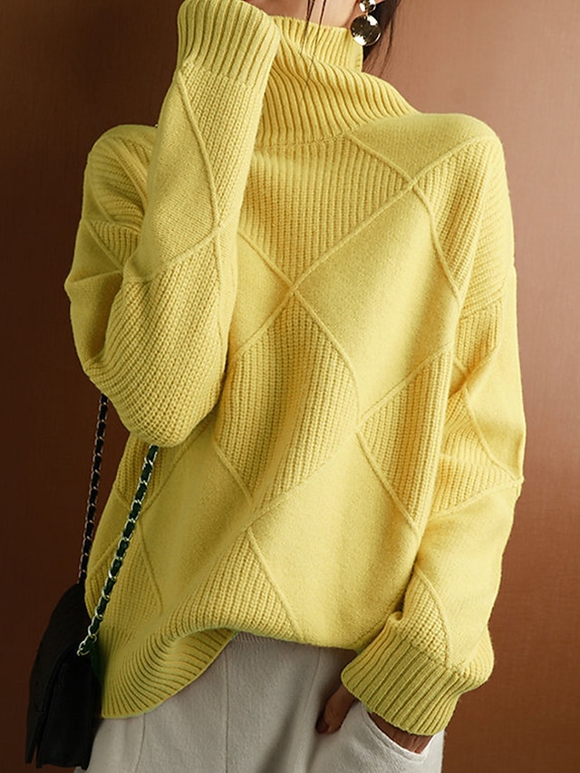  Damskie Sweter sweter Golf Kable Robić na drutach Akryl Ponadgabarytowych Jesień Zima Regularny Na zewnątrz Codzienny Wyjściowe Elegancki Codzienny Miękkie Długi rękaw Jednokolorowe Czarny Żółty