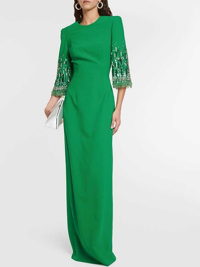 Sheath / Column Evening Gown Elegant Dress Formal Floor Length Long Sleeve V Neck Stretch Chiffon with Pleats main image 0