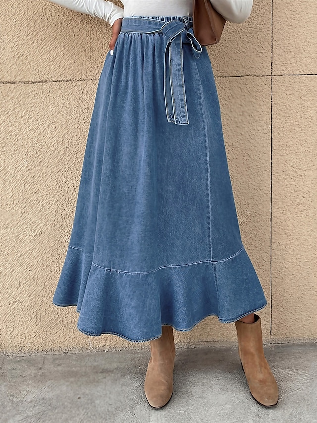  Women's Skirt A Line Swing Maxi High Waist Skirts Ruffle Solid Colored Street Daily Winter Denim Fashion Casual Blue