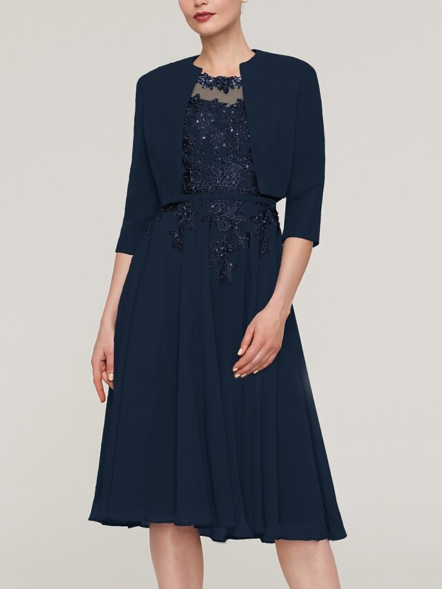 Beach Wedding A-Line Mother of the Bride Dress Elegant Jewel Neck Knee Length Lace Stretch Chiffon Half Sleeve with Lace Ruching 2025 free custom size main image 1