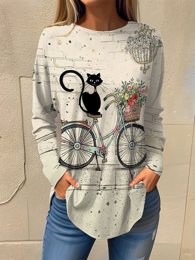  Women's T shirt Tee Cat Lace Print Daily Weekend Fashion Long Sleeve Square Neck White Spring &  Fall