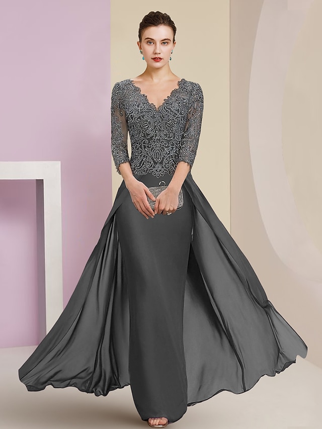 Sheath / Column Mother of the Bride Dress Formal Wedding Guest Elegant V Neck Floor Length Chiffon Lace Tulle Short Sleeve with Sequin main image 0