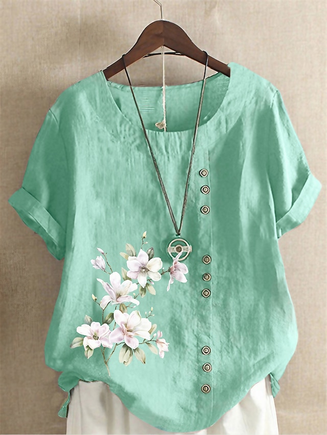  Γυναικεία λινό πουκάμισο Μπλουζάκι Βαμβάκι Λινό Φλοράλ Καθημερινά Διακοπές Εξόδου Βαθυγάλαζο Θαλασσί Πράσινο Χακί Στάμπα Κουμπί Κοντομάνικο Κομψό στυλ street Λαιμόκοψη Κανονικό Καλοκαίρι Άνοιξη