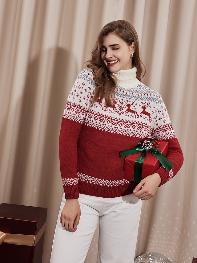  Women's Christmas Sweaters Ribbed Turtleneck Knit Print Knitted Polyester Fall Winter Outdoor Home Christmas Regular Long Sleeve Fashion Casual Soft Elk Striped Red S M L