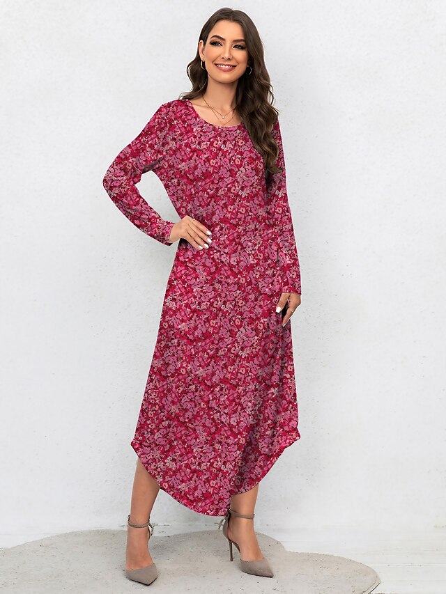 Women's Casual Dress Winter Dress Floral Print Pocket Crew Neck Long