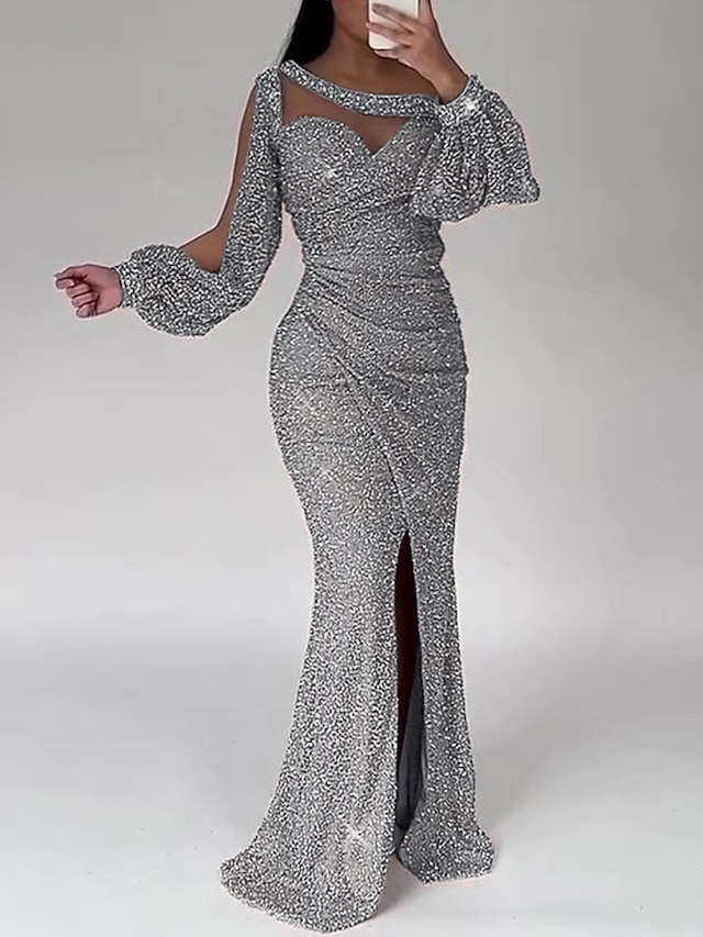  Mermaid Dress Evening Gown Champagne Gown Sparkle Sequin Dress Formal Floor Length Long Sleeve Scoop Neck with Ruched Slit 2024
