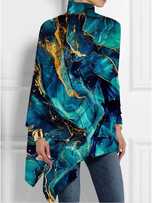  T-Shirt da Donna Collo Alto Top Stampa Linea Luminescente con Maniche Lunghe Vestibilità Larga Design Unico Nera Multicolore Moda per Feste Notturne