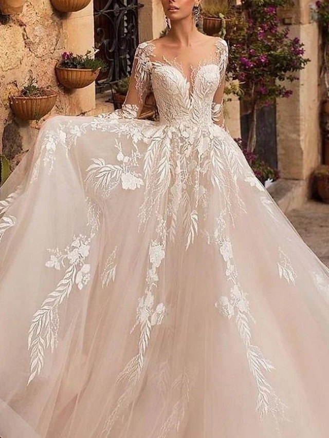 Beach Wedding Formal Wedding Dresses A-Line V Neck Long Sleeve Court Train Tulle Bridal Gowns With Pleats Appliques4