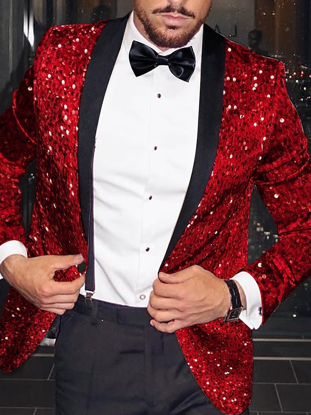  Men's Fashion Disco Sequin Blazer Jacket Pattern Regular Plus Size Single Breasted One-button Red 2024