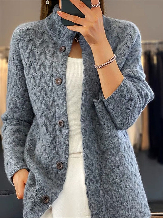  Women's Cardigan Stand Collar Cable Knit Acrylic Button Knitted Fall Winter Regular Outdoor Daily Going out Vintage Fashion Casual Long Sleeve Solid Color Blue Camel Beige S M L