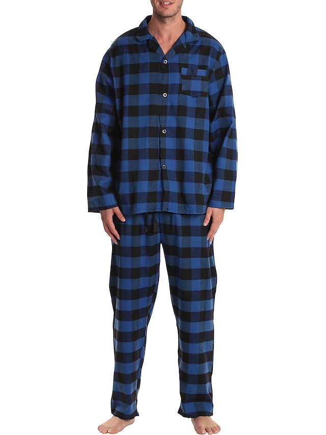  Herren Hausanzug Schlafanzüge Schlafanzug Set Pyjama-Oberteil und Hose 2 Stück Plaid Stilvoll Brautkleider schlicht Komfort Heim Täglich Bett Baumwollmischung Komfort Weich Kargen Langarm Hemd Hose