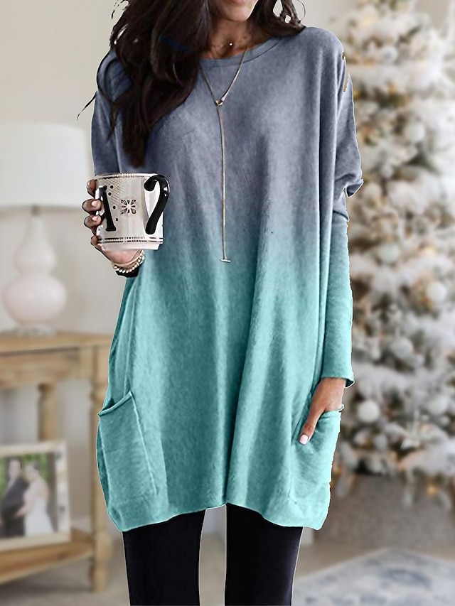  Mulheres Loungewear Tops Gradiente Simples Casual Conforto Casa Natal Diário Misto de Algodão Respirável Gola Redonda Manga Longa Bolsos Outono Inverno Roxo Laranja