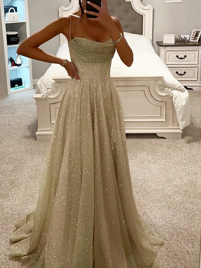 A-Line Gold Prom Dresses Glittering Dress Formal Evening Party Sweep / Brush Train Sleeveless Cowl Neck Tulle with Glitter Slit 11