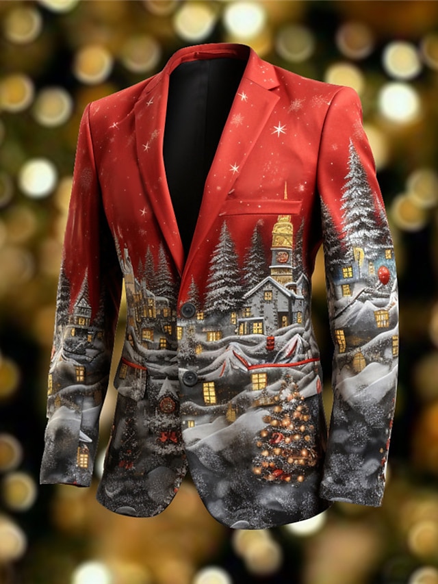 Christmas Men's Christmas Scene Print Blazers Tree Business Coat Blazer 