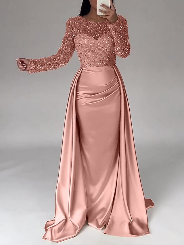 Mermaid Sequin Evening Gown Ruched Satin Dress Long Sleeves Floor Length Sparkle Illusion Neck 