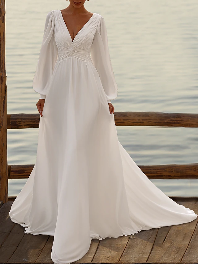 Beach Wedding Formal Simple Wedding Dresses A-Line V Neck Long Sleeve Court Train Chiffon Bridal Gowns With Pleats Ruched 6