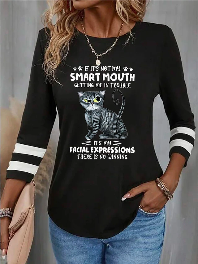 Women's T shirt Crew Neck Long Sleeve Tunic Cat Letter Funny Round Neck Regular Tops Daily Weekend Print Black Red Blue Purple Green Spring & Fall 7