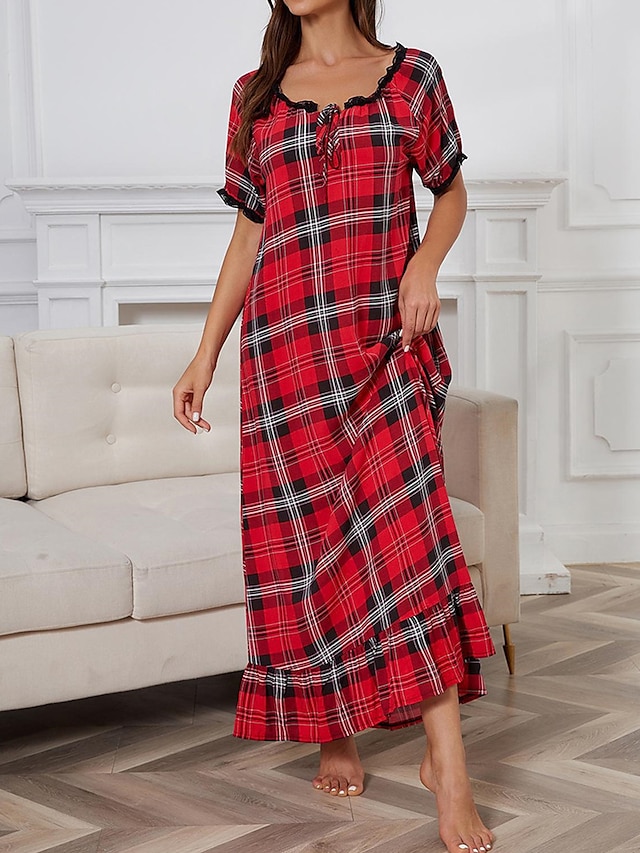  Women's Flannel Pajamas ruffle trim Nightgown Nightshirt Dress Grid / Plaid Active Fashion Casual Home Daily Bed Rayon Breathable V Wire Short Sleeve Fall Red
