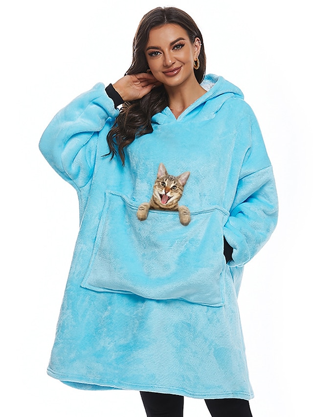  Women's Wearable Blanket Hoodie Blanket Pajama Loungewear Cat Warm Plush Casual Home Daily Bed Flannel Warm Breathable Hoodie Long Sleeve Pocket Fall Winter Lake blue Black