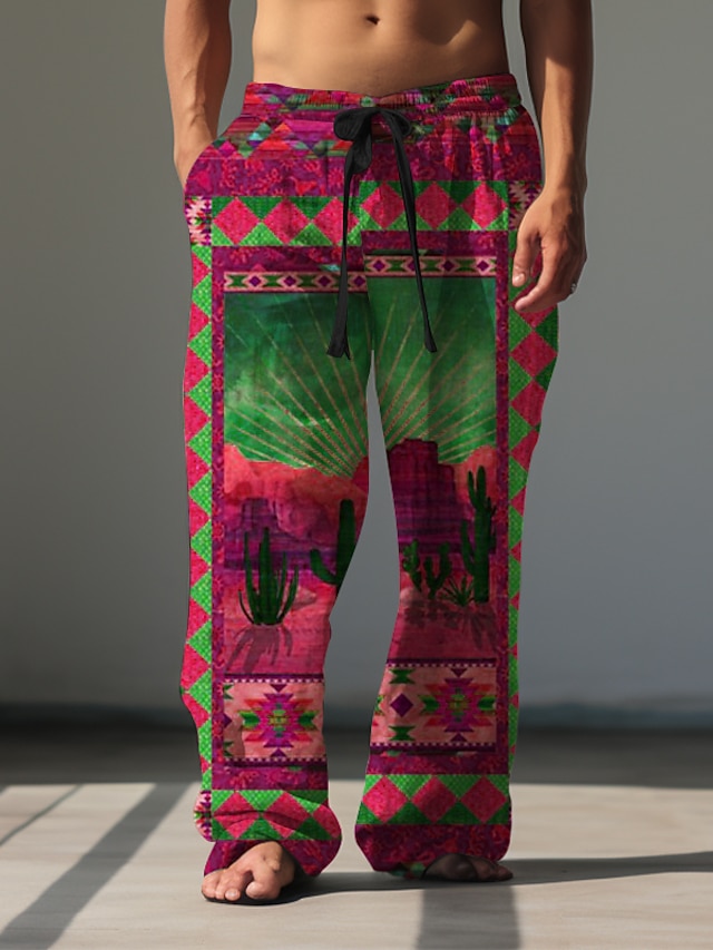  Ковбойские винтажные мужские брюки с 3D принтом, брюки для улицы, выхода на улицу, полиэстер, желтый, розовый, красный, s, m, эластичные брюки со средней талией