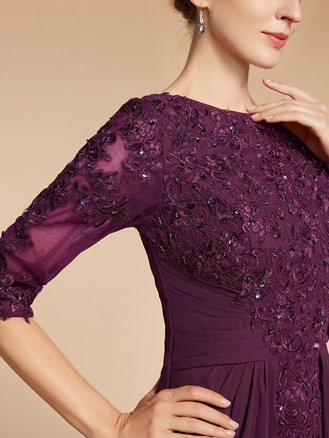 Sheath Half Sleeve Gathered Long Chiffon Wedding Guest/Mother of Bride Dress main image 1
