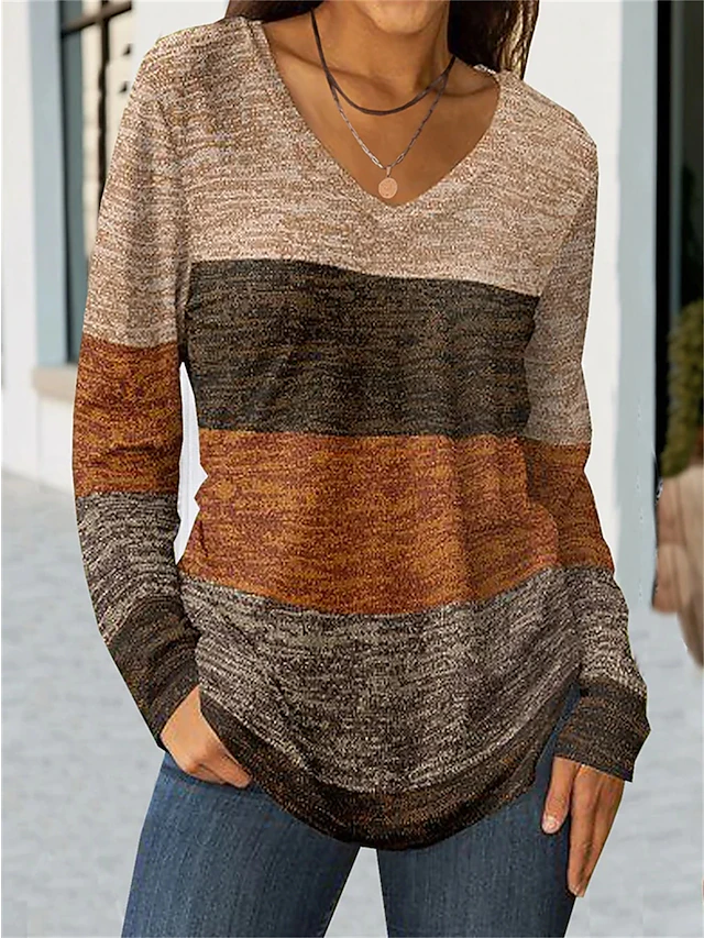 Women's T Shirt V Neck Long Sleeve Tunic Color Block Fashion Regular Tops Daily Weekend Print Blue Khaki Gray Spring & Fall2