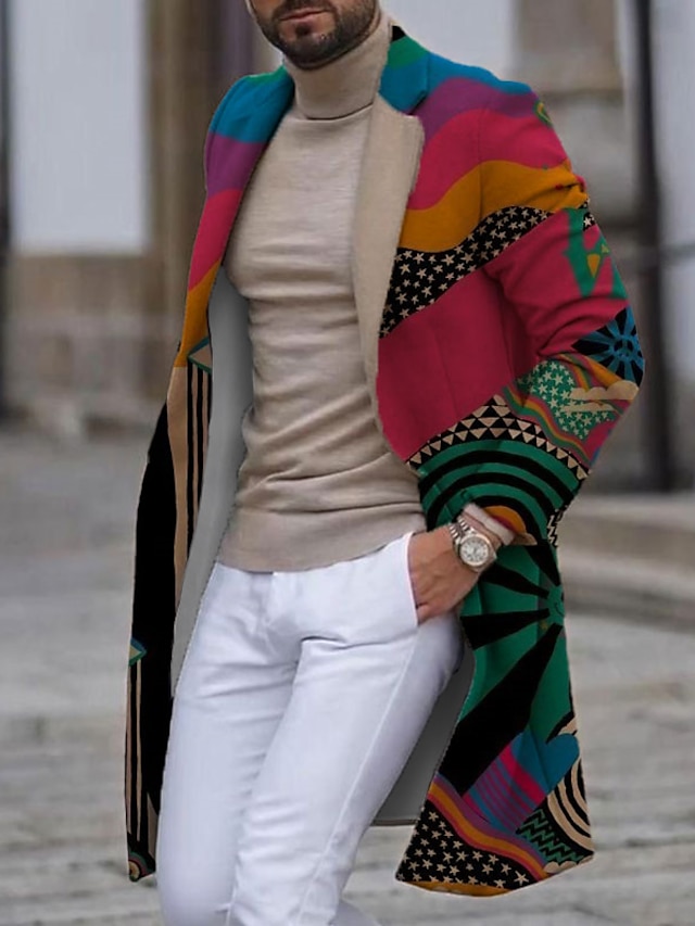  Men's Abstract Graphic Prints Winter Coat Overcoat Coat Warm Breathable Comfortable Fashion Streetwear Business Work Wear to work Going out Pocket Print Fall & Winter Turndown Long Sleeve Rainbow