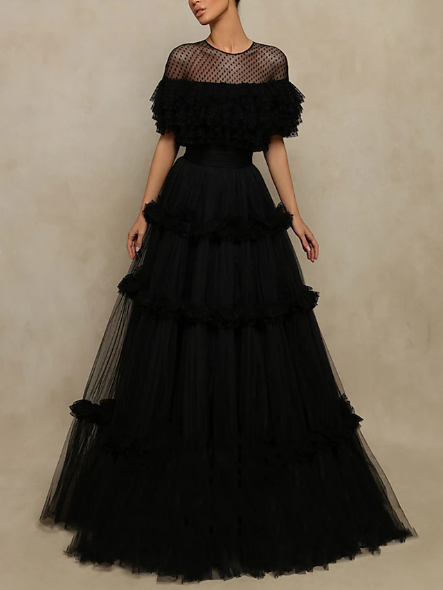 A-Line Prom Dresses Elegant Dress Formal Floor Length Short Sleeve Jewel Neck Tulle with Pleats Ruffles3