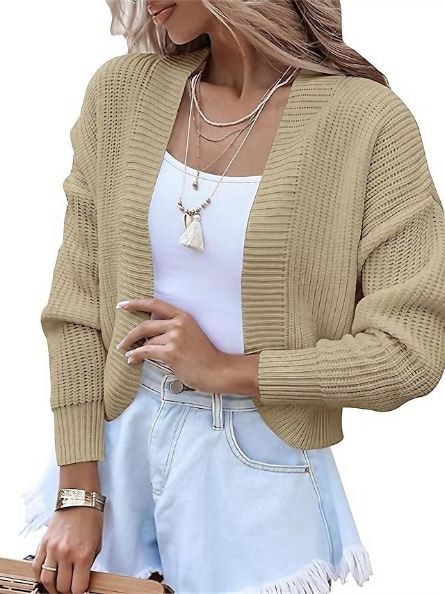  Women's Cardigan V Neck Ribbed Knit Acrylic Knitted Fall Winter Short Outdoor Daily Going out Fashion Streetwear Casual Long Sleeve Solid Color Black White Khaki S M L