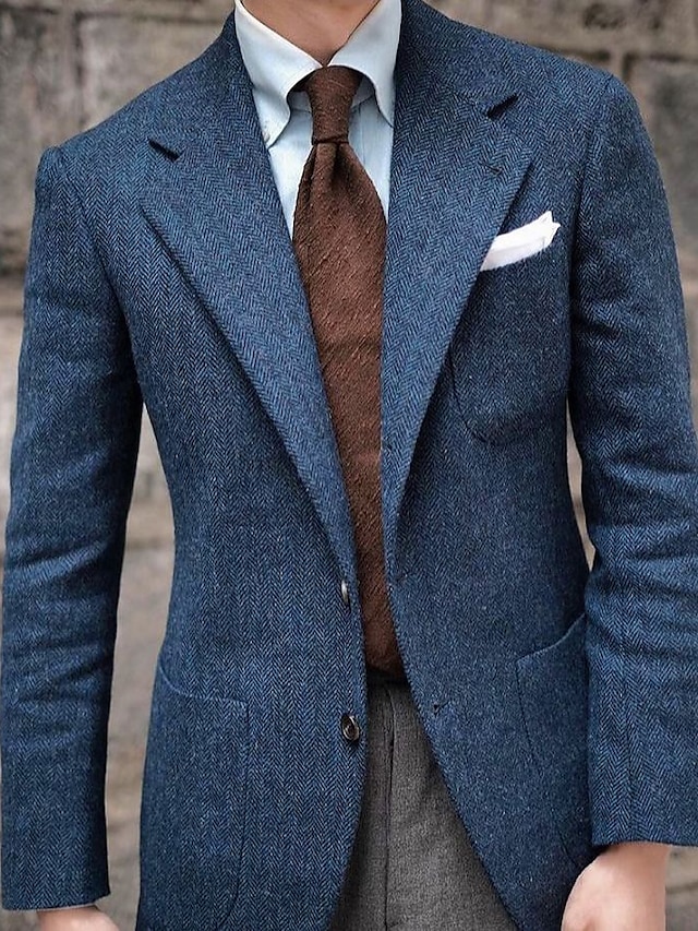  férfi retro vintage tweed blézer halszálkás blézer normál molett egysoros kétgombos kék 2024