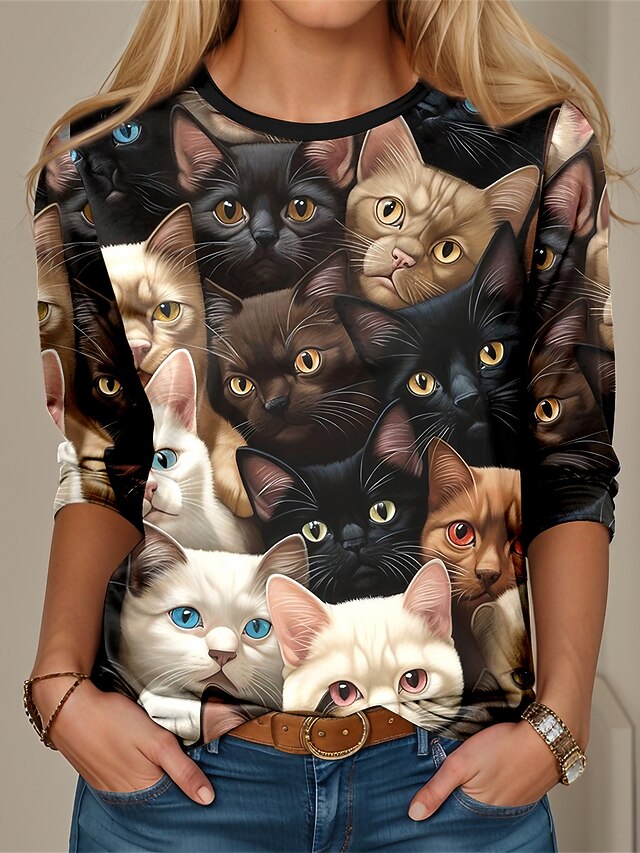 Women's T shirt Crew Neck Long Sleeve Tunic Cat 3D Funny Round Neck Regular Tops Daily Weekend Print Black Blue Spring & Fall3