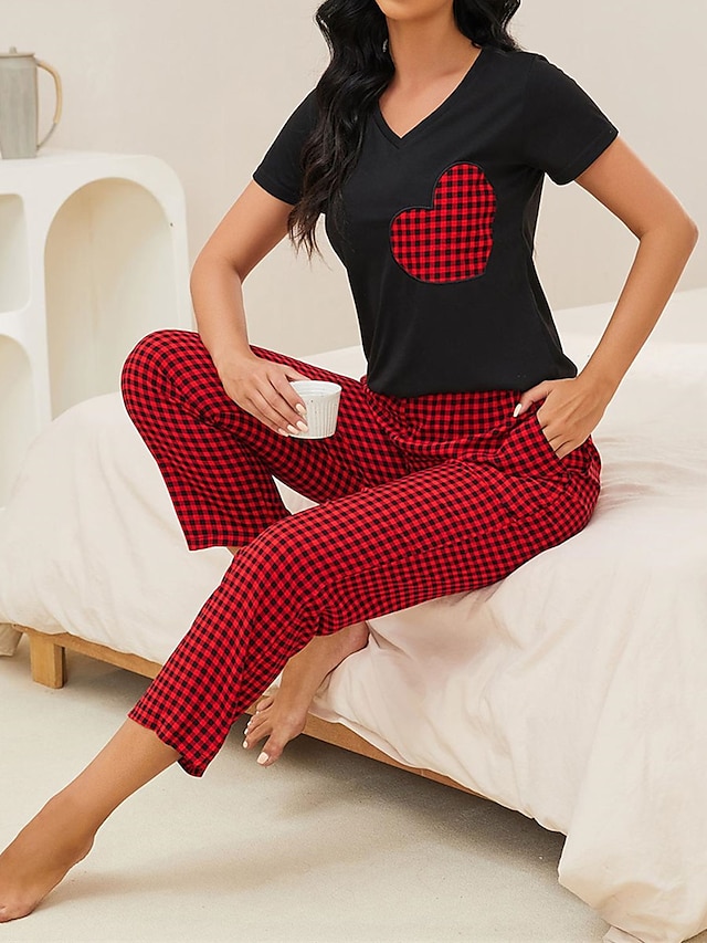  Mujer Pijamas Conjuntos Corazón Cuadrícula / Cuadros Casual Confort Hogar Navidad Cama Rayón Transpirable Escote en V Manga Corta Camiseta Pantalón Bolsillo Otoño Invierno Negro Rojo