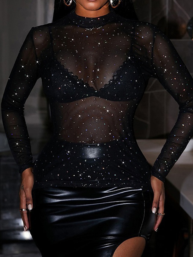  Women's Shirt Going Out Tops Sparkly Rhinestone Party Fashion Sexy Long Sleeve Round Neck Black Spring &  Fall