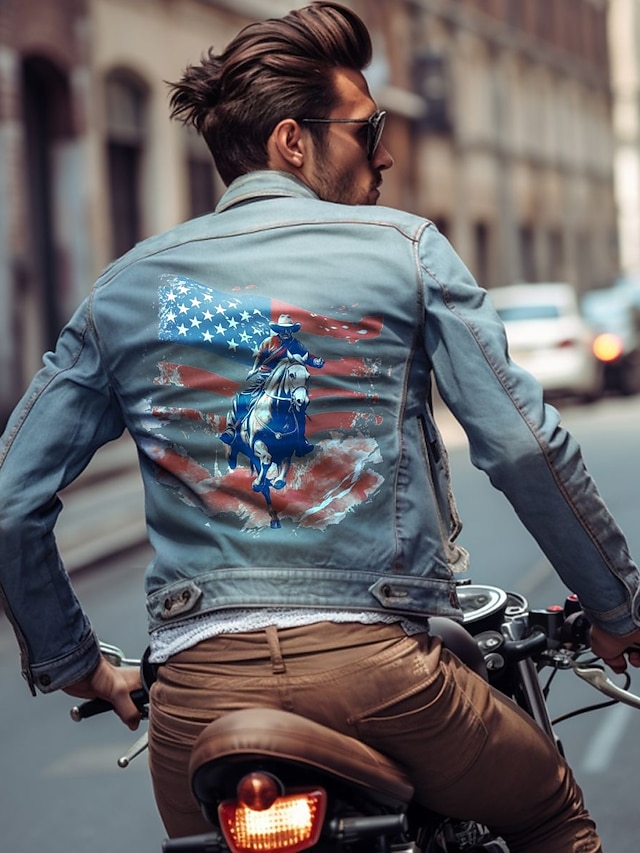  Letter Horse National Flag Casual western style Men's Coat Denim Jacket Sports & Outdoor Going out Weekend Fall & Winter Turndown Long Sleeve Black Blue M L XL Denim Jacket