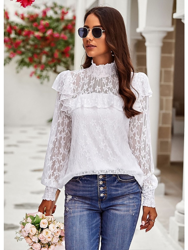  Damen Boho-Shirt Spitzenhemd Spitzenreiter ausgehen Bluse Glatt Sexy Blume Spitze Party Festtage Ausgehen Modisch Romantisch Sexy Laternenärmel Langarm Rollkragen Stehkragen Weiß Frühling & Herbst