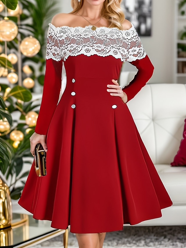  Damen abendkleider Cocktailkleid rotes Kleid Spitze Patchwork Schulterfrei Halbe Ärmel Midikleid Weihnachten Rote Frühling Winter