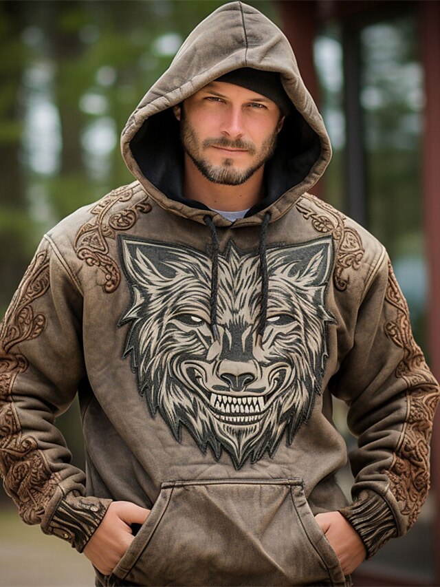 Graphic Wolf Fashion Daily Basic Men's 3D Print Hoodie Pullover Sports ...