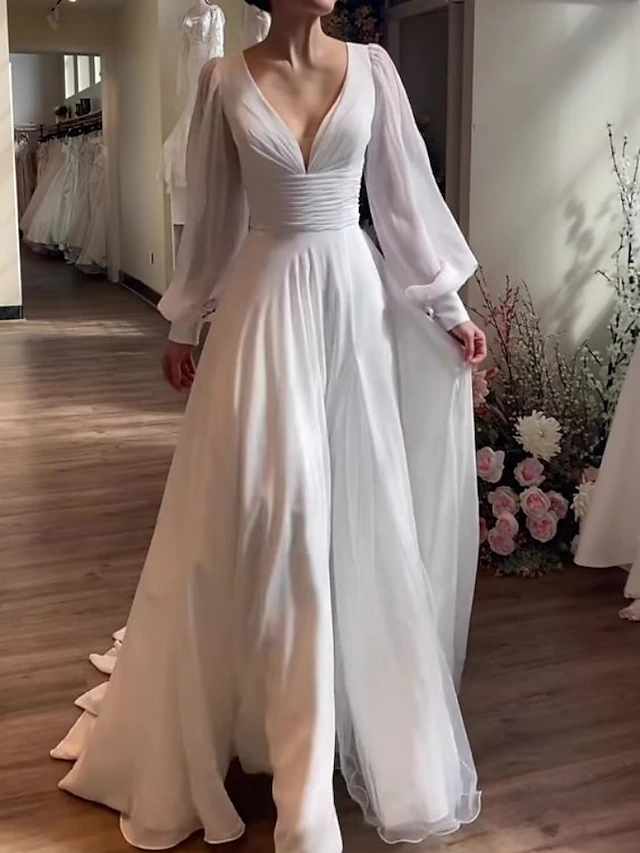 Simple Wedding Dresses Little White Dress Bridal Shower Dresses Wedding Dresses A-Line V Neck Long Sleeve Court Train Chiffon Bridal Gowns With Pleats Ruched3
