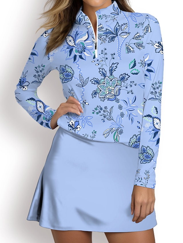  Damen poloshirt Blau Langarm Sonnenschutz Shirt Blumen Herbst Winter Damen-Golfkleidung, Kleidung, Outfits, Kleidung