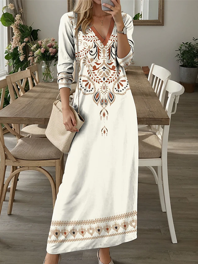Women's Maxi Dress Casual Dress T Shirt Dress Tee Dress Floral Tribal Pocket Print V Neck Long Dress Maxi Dress Vintage Ethnic Date Vacation Long Sleeve Fall Winter 6